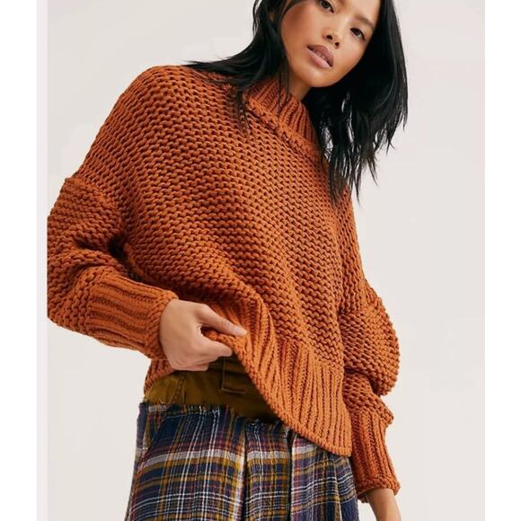 FREE PEOPLE MY ONLY SUNSHINE COWL-NECK SWEATER CARAMALIZED BROWN SMALL NEW - Picture 1 of 13